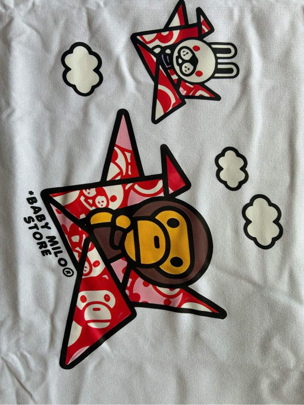 Bape White Short Sleeve Tee with Red and Yellow Baby Milo Graphic
